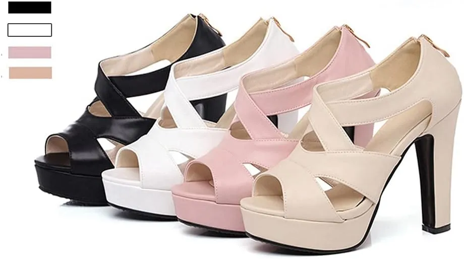 Women's Sexy Peep Toe Platform High Heel Sandals Crisscross Strappy Zip Chunky Block Heeled Sandal