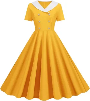 Women's Short Sleeve Lapel Midi Dress High Waist Solid Color Party Dress Summer Casual Sundress