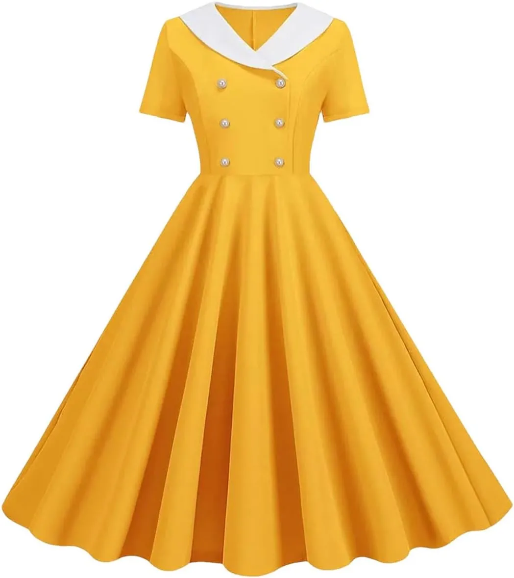 Women's Short Sleeve Lapel Midi Dress High Waist Solid Color Party Dress Summer Casual Sundress