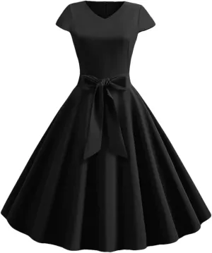 Women's Short Sleeve V Neck Flowy Swing A Line Dress Summer Solid Color High Waist Elegant Midi Dresses