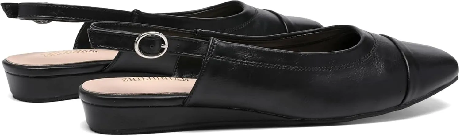 Women's Slingback Low Heel Pumps,Ladies Closed Square Toe Wedge Sandals Dressy Casual Trendy Comfortable Buckle Fancy Business Office Teacher Holiday Leather Shoe