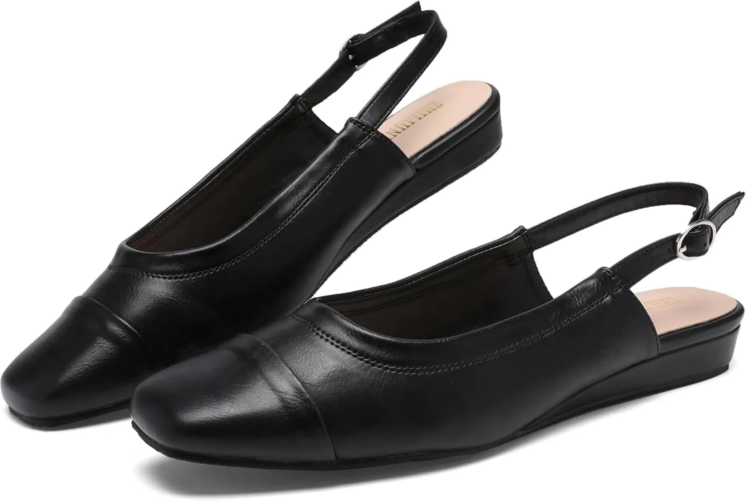 Women's Slingback Low Heel Pumps,Ladies Closed Square Toe Wedge Sandals Dressy Casual Trendy Comfortable Buckle Fancy Business Office Teacher Holiday Leather Shoe