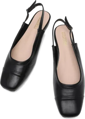 Women's Slingback Low Heel Pumps,Ladies Closed Square Toe Wedge Sandals Dressy Casual Trendy Comfortable Buckle Fancy Business Office Teacher Holiday Leather Shoe
