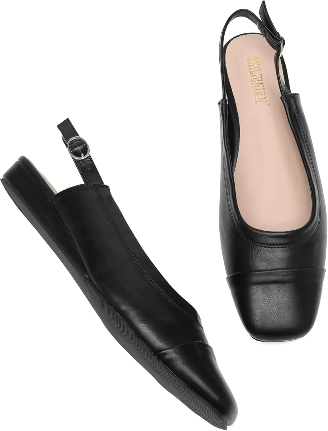 Women's Slingback Low Heel Pumps,Ladies Closed Square Toe Wedge Sandals Dressy Casual Trendy Comfortable Buckle Fancy Business Office Teacher Holiday Leather Shoe