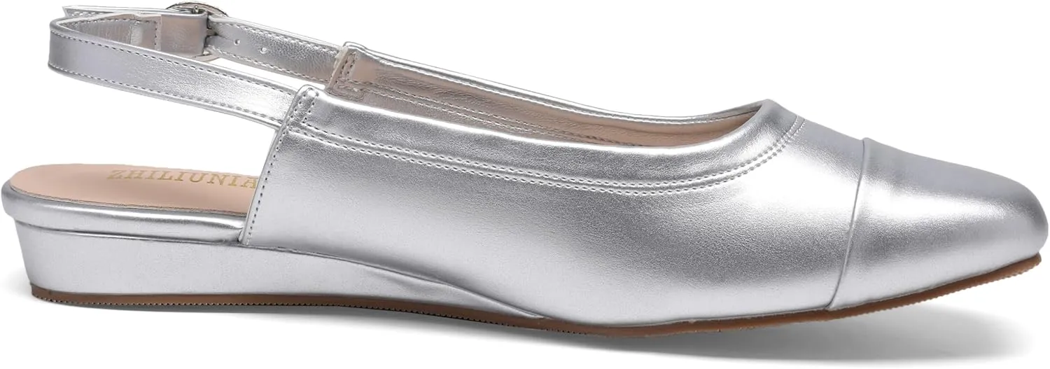 Women's Slingback Low Heel Pumps,Ladies Closed Square Toe Wedge Sandals Dressy Casual Trendy Comfortable Buckle Fancy Business Office Teacher Holiday Leather Shoe