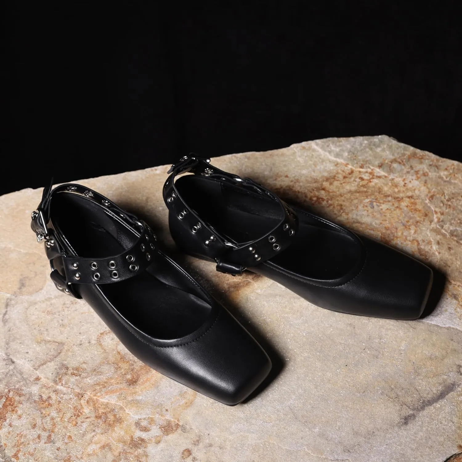 Women's Sliver Black Studded Ankle Strap Square Toe Mary Jane Flats Office, Party, Daily Wear
