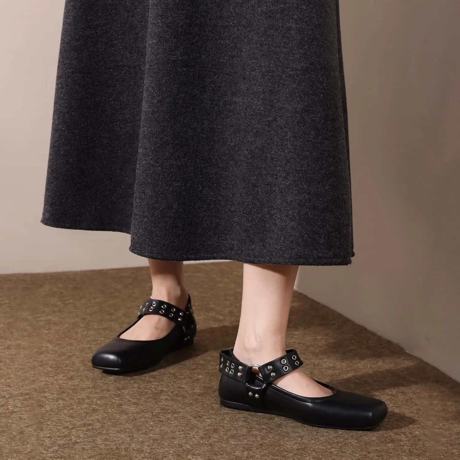 Women's Sliver Black Studded Ankle Strap Square Toe Mary Jane Flats Office, Party, Daily Wear