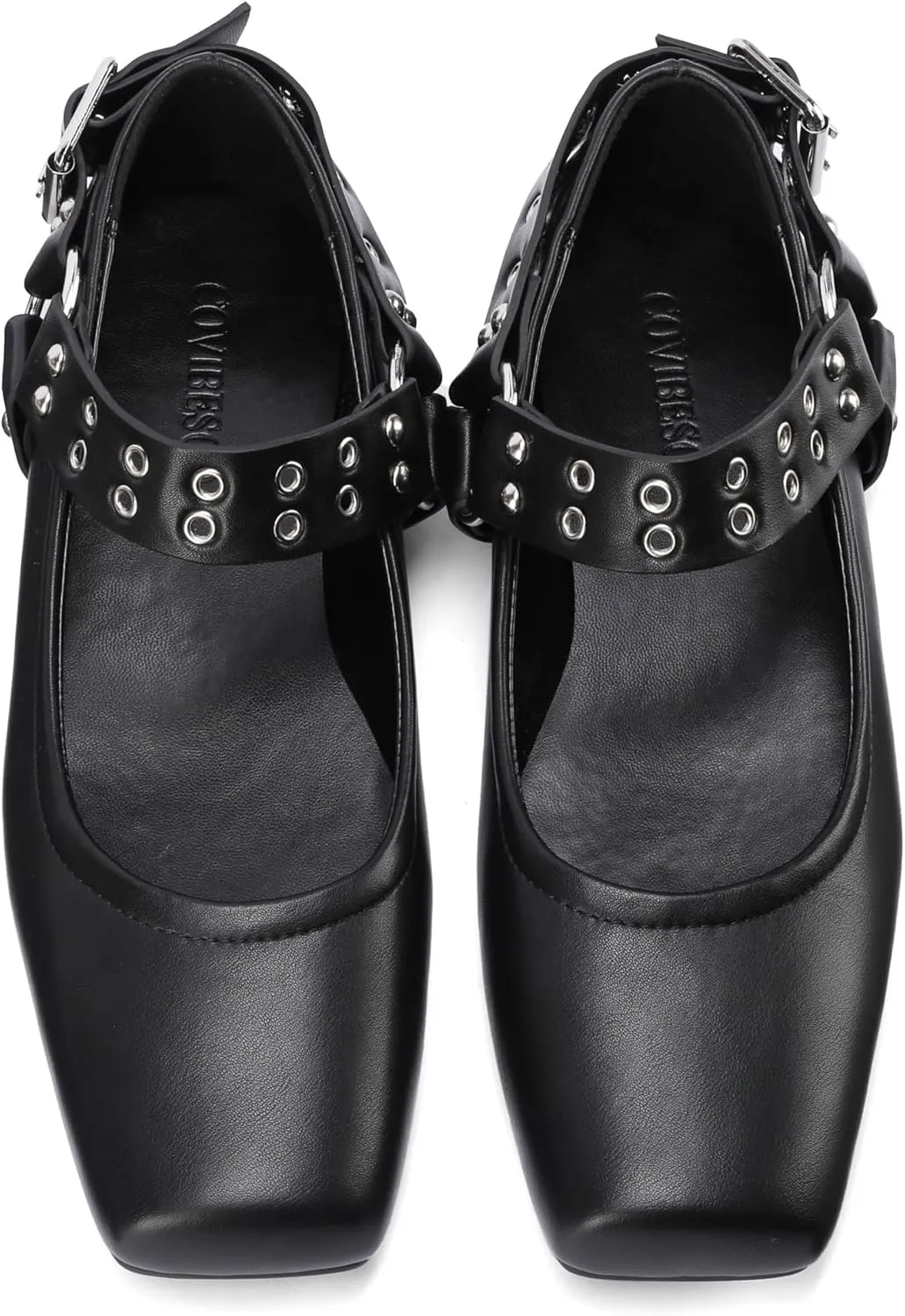 Women's Sliver Black Studded Ankle Strap Square Toe Mary Jane Flats Office, Party, Daily Wear