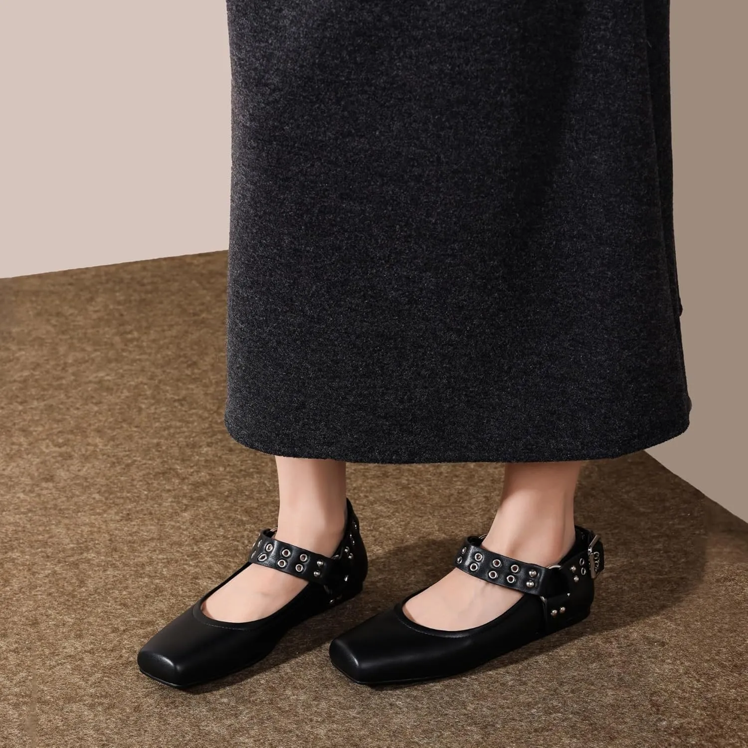 Women's Sliver Black Studded Ankle Strap Square Toe Mary Jane Flats Office, Party, Daily Wear