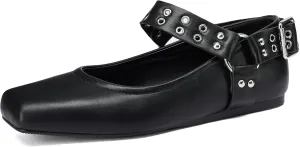 Women's Sliver Black Studded Ankle Strap Square Toe Mary Jane Flats Office, Party, Daily Wear