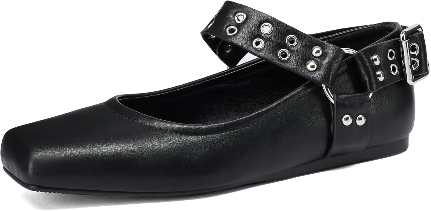 Women's Sliver Black Studded Ankle Strap Square Toe Mary Jane Flats Office, Party, Daily Wear