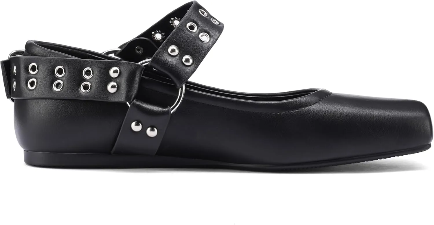 Women's Sliver Black Studded Ankle Strap Square Toe Mary Jane Flats Office, Party, Daily Wear