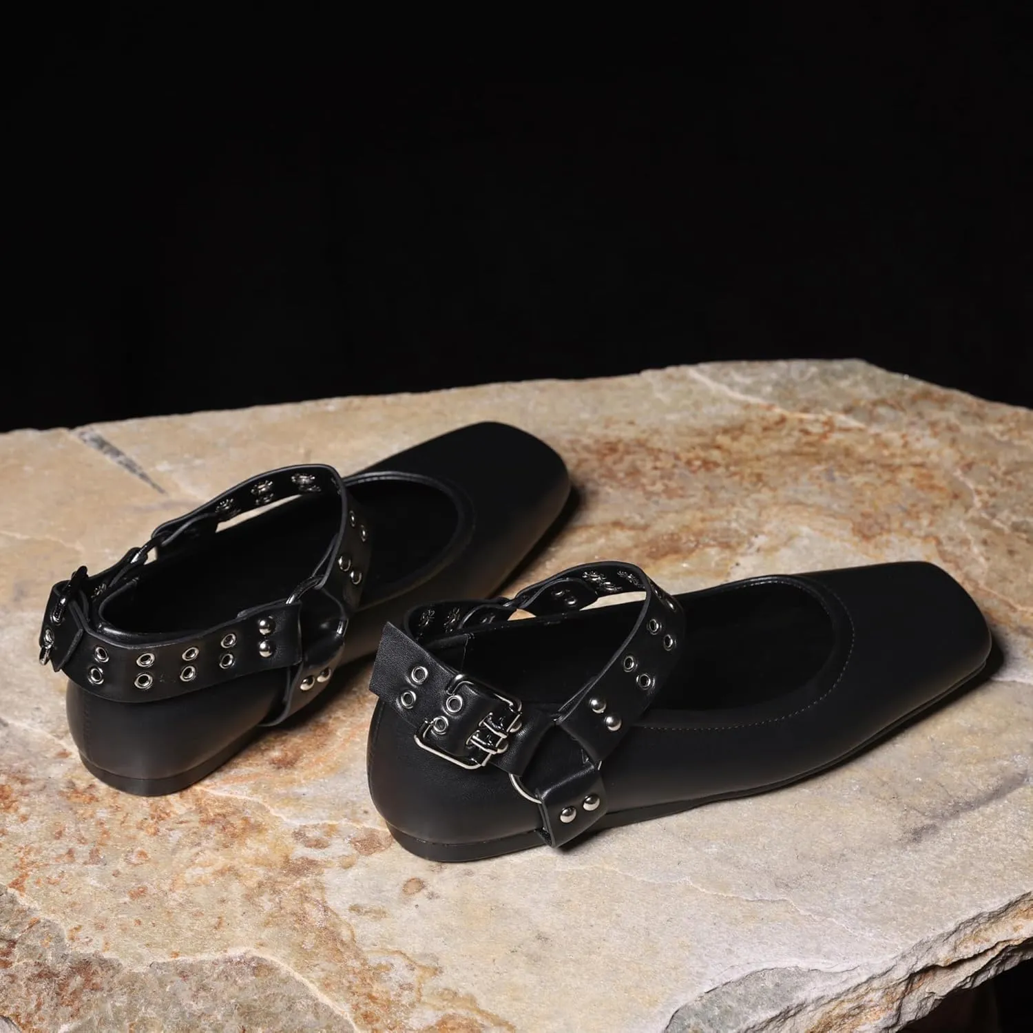 Women's Sliver Black Studded Ankle Strap Square Toe Mary Jane Flats Office, Party, Daily Wear