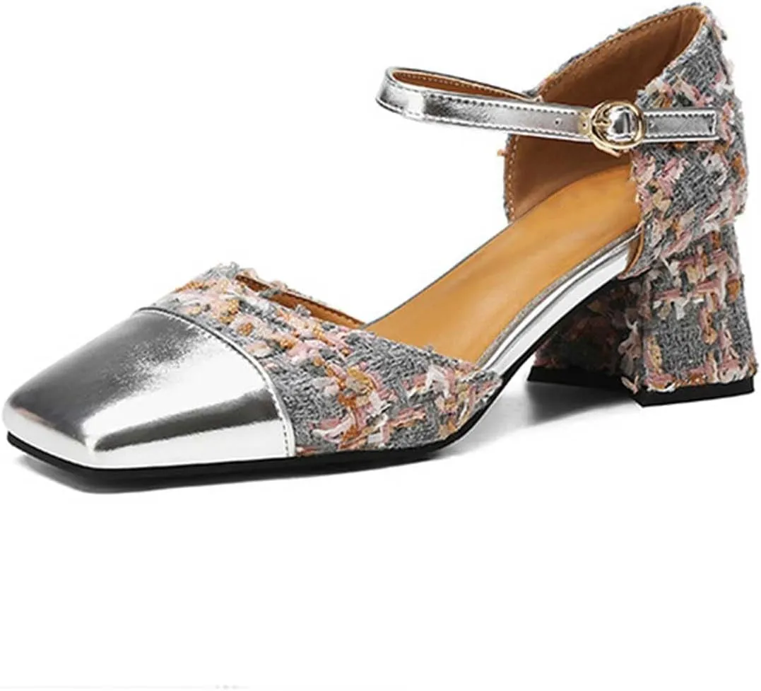 Women's Square Closed Toe D'Orsay Pumps Two Tone Block Mid Heel Wedding Party Dress Shoes Fashion Patchwork Mary Jane Heels Multicolor Classic Comfy Tweed Heels Office Shoes