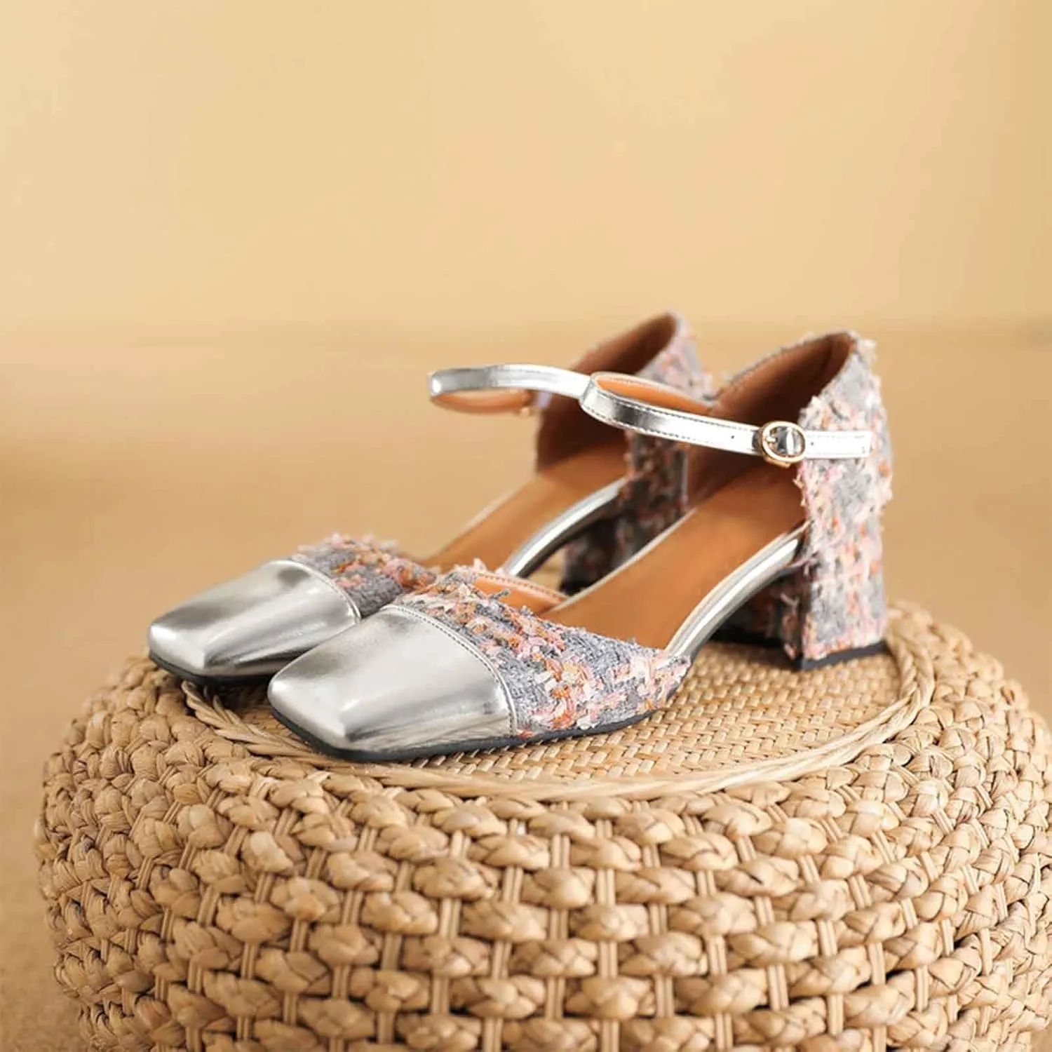 Women's Square Closed Toe D'Orsay Pumps Two Tone Block Mid Heel Wedding Party Dress Shoes Fashion Patchwork Mary Jane Heels Multicolor Classic Comfy Tweed Heels Office Shoes