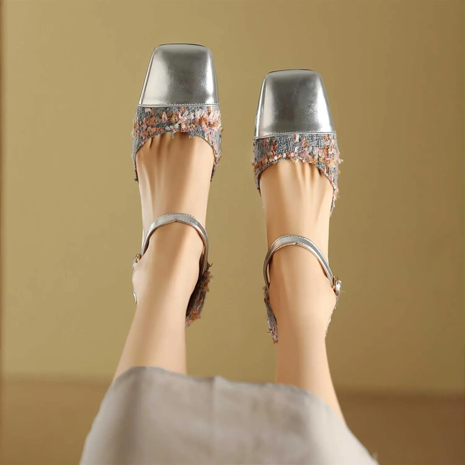 Women's Square Closed Toe D'Orsay Pumps Two Tone Block Mid Heel Wedding Party Dress Shoes Fashion Patchwork Mary Jane Heels Multicolor Classic Comfy Tweed Heels Office Shoes