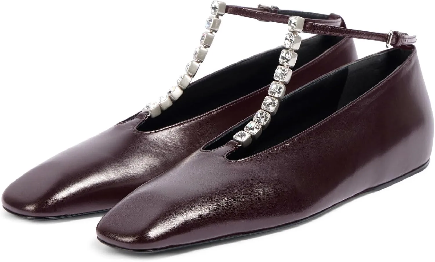 Women's Square Toe Ballet Flats Fashion T-Strap with Crystal Bar Flat Shoes Closed Toe Ankle Straps with Buckle Casual Office Dressy Flats for Women