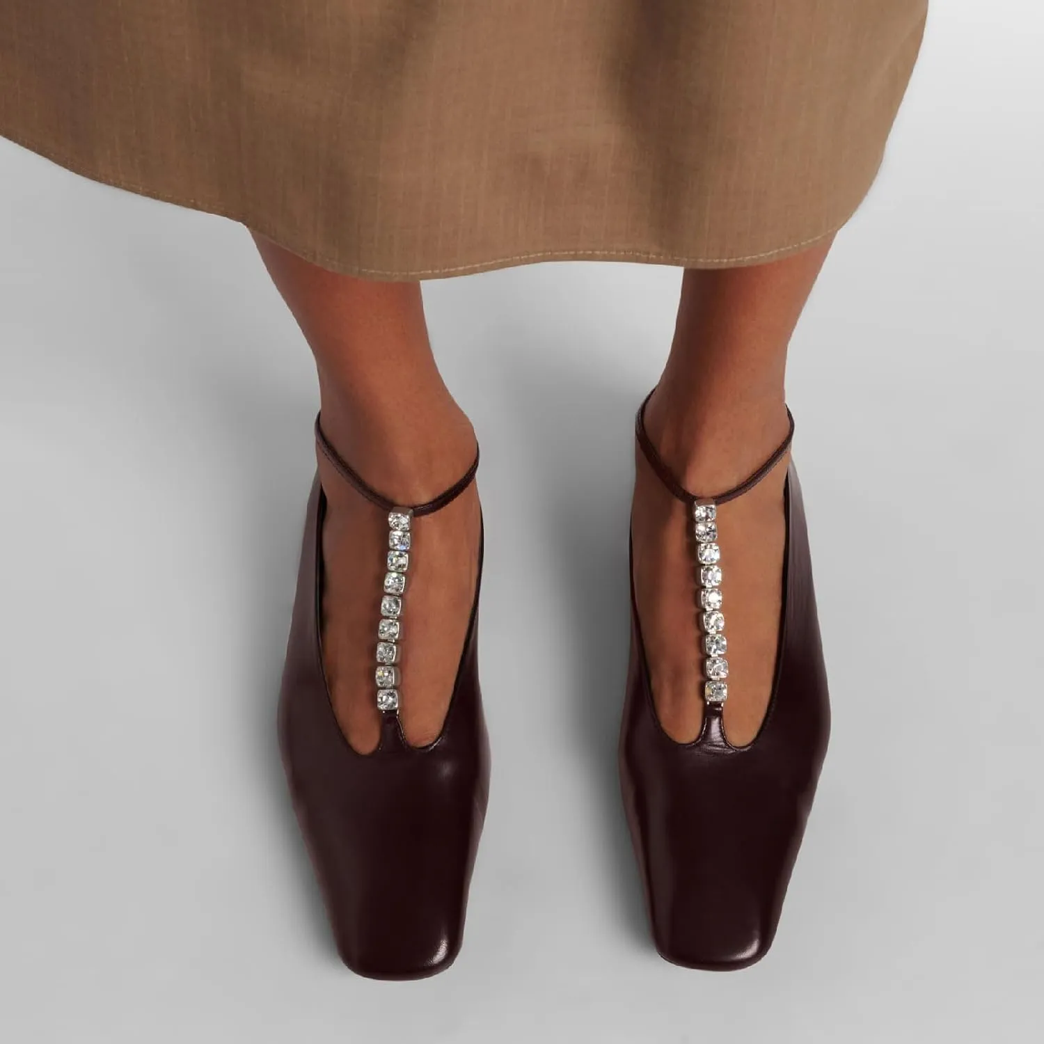 Women's Square Toe Ballet Flats Fashion T-Strap with Crystal Bar Flat Shoes Closed Toe Ankle Straps with Buckle Casual Office Dressy Flats for Women