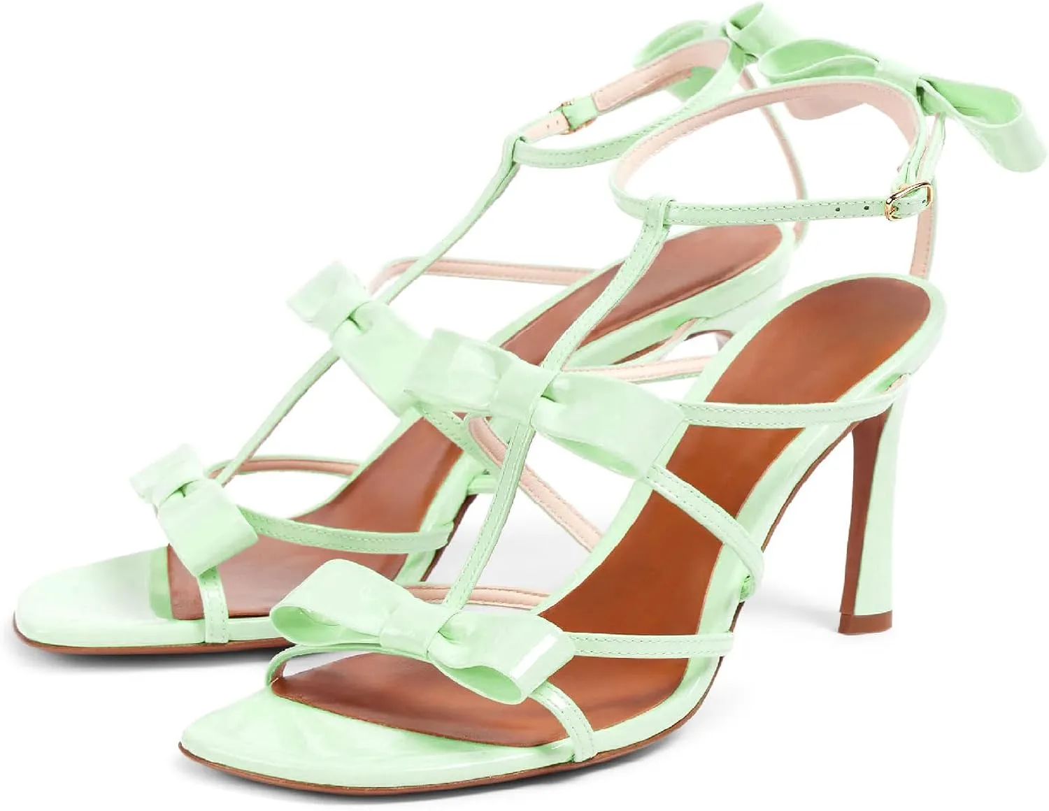 Women's Stiletto Heel Square Open Toe Sandals Fashion Satin/Patent Leather Bows Ankle Strap with Buckle Heeled Sandals Prom Party High Heel Shoes for Summer