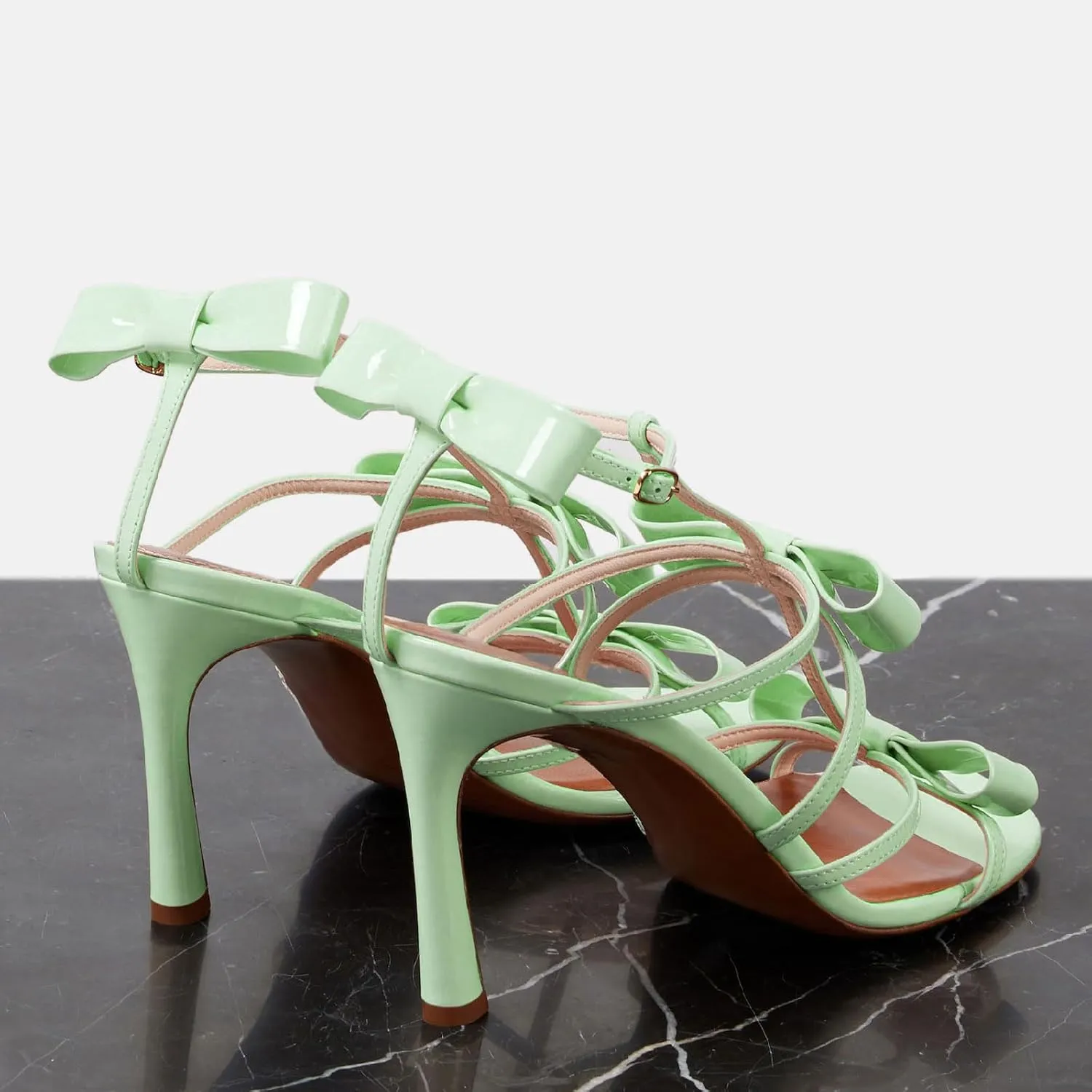 Women's Stiletto Heel Square Open Toe Sandals Fashion Satin/Patent Leather Bows Ankle Strap with Buckle Heeled Sandals Prom Party High Heel Shoes for Summer