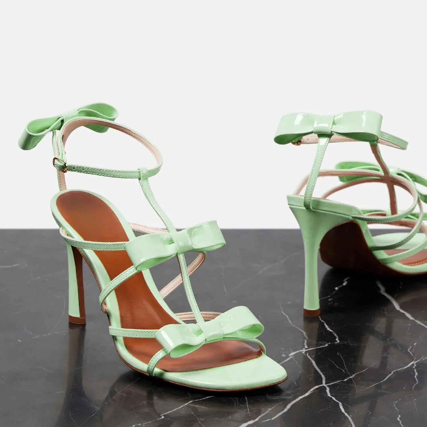 Women's Stiletto Heel Square Open Toe Sandals Fashion Satin/Patent Leather Bows Ankle Strap with Buckle Heeled Sandals Prom Party High Heel Shoes for Summer