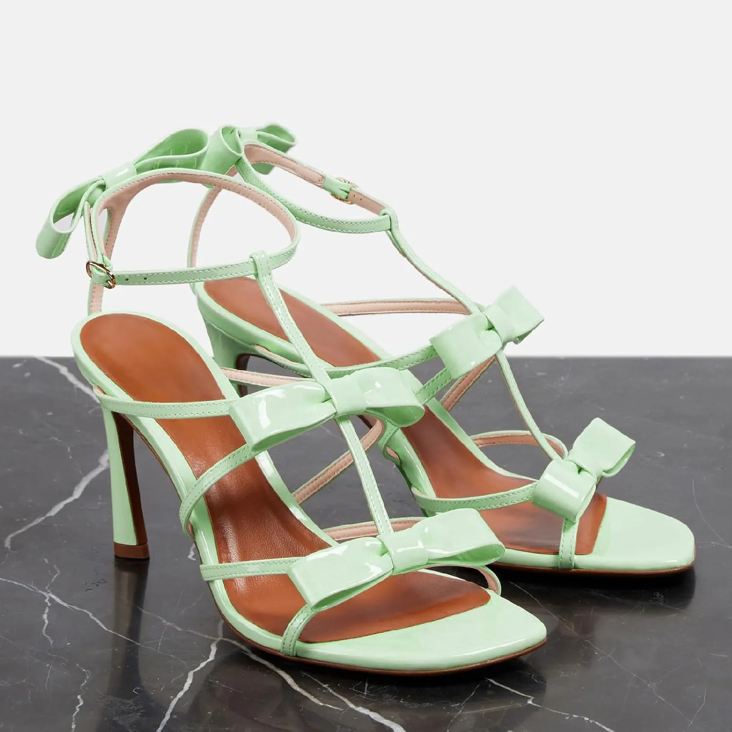 Women's Stiletto Heel Square Open Toe Sandals Fashion Satin/Patent Leather Bows Ankle Strap with Buckle Heeled Sandals Prom Party High Heel Shoes for Summer