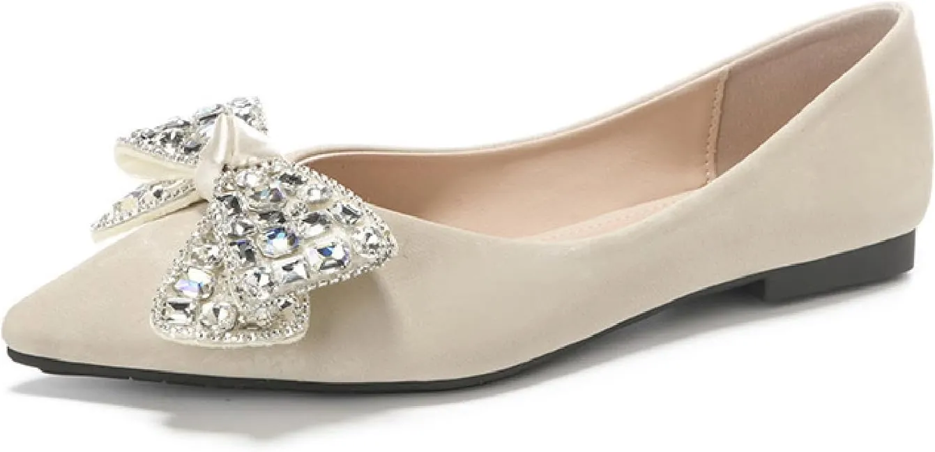 Women's Suede Bow Rhinestones Flats Fashion Shallow Mouth Closed Pointed Toe Comfortable Slip On Soft Sole Dress Low Heel Shoes for Business Party Shoes