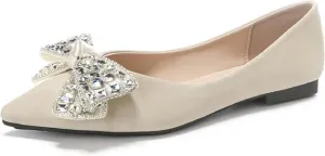 Women's Suede Bow Rhinestones Flats Fashion Shallow Mouth Closed Pointed Toe Comfortable Slip On Soft Sole Dress Low Heel Shoes for Business Party Shoes