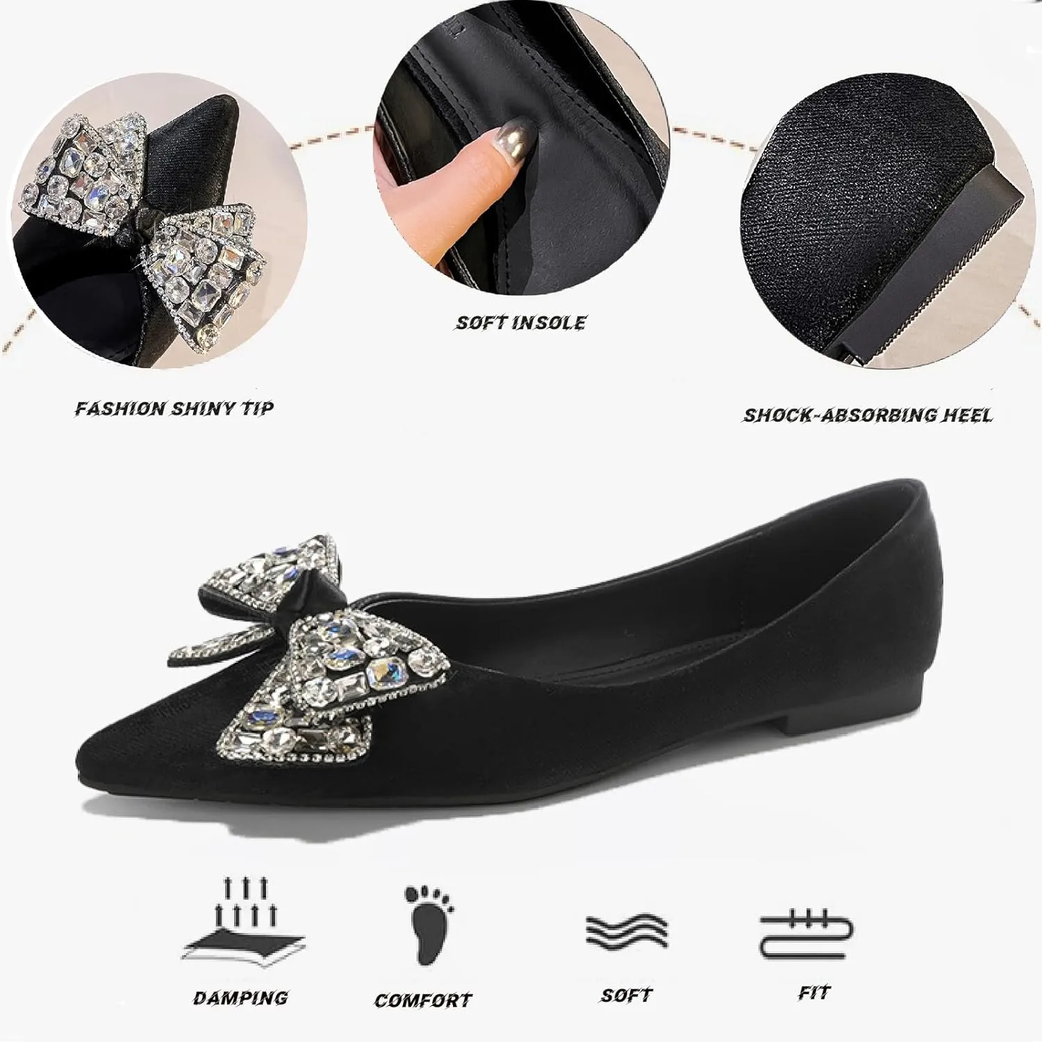 Women's Suede Bow Rhinestones Flats Fashion Shallow Mouth Closed Pointed Toe Comfortable Slip On Soft Sole Dress Low Heel Shoes for Business Party Shoes