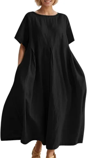 Womens Summer Boho Floral Print Crew Neck Short Sleeve Midi Dress Oversize Vintage Casual Baggy Dresses with Pockets