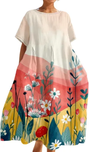 Womens Summer Boho Floral Print Crew Neck Short Sleeve Midi Dress Oversize Vintage Casual Baggy Dresses with Pockets