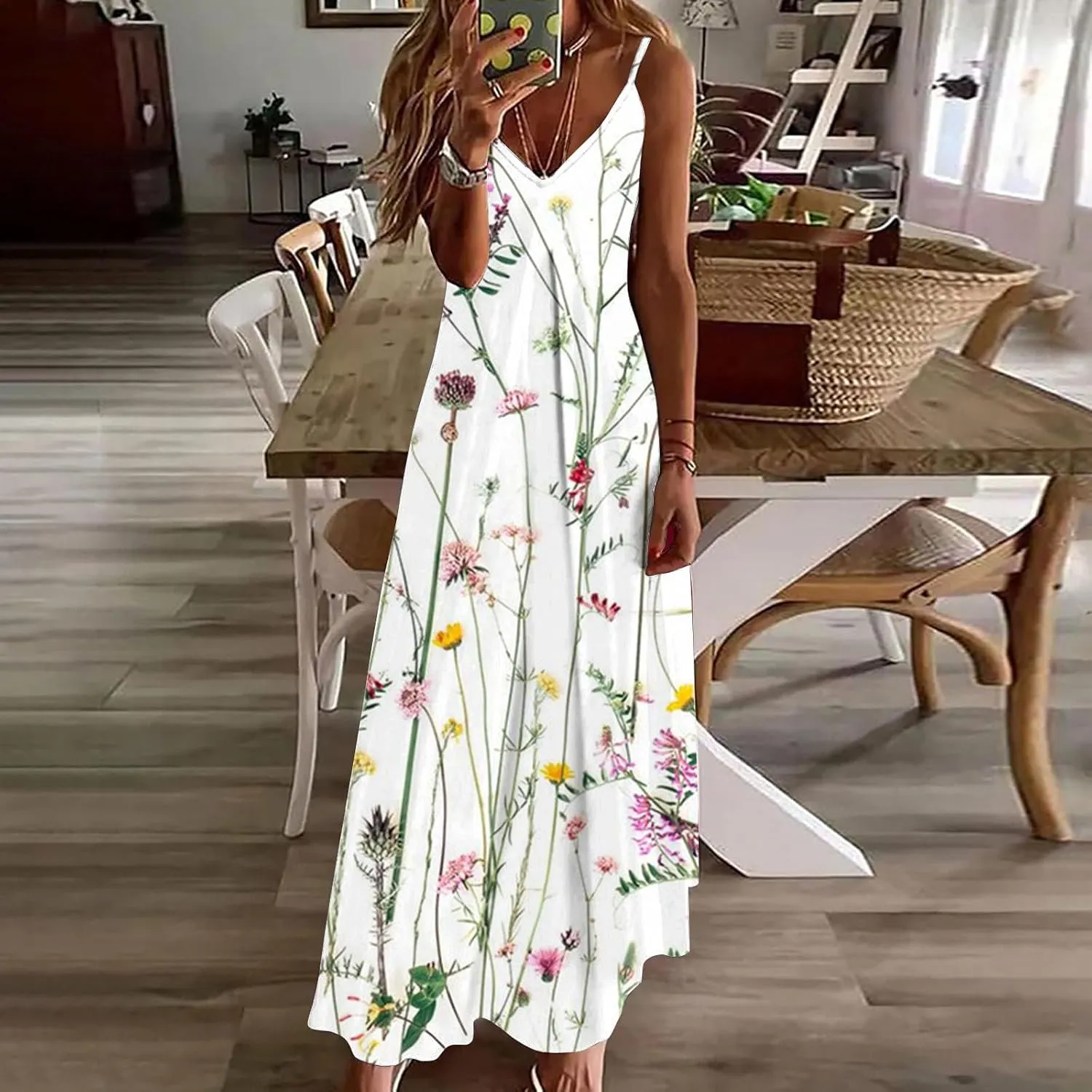 Womens Summer Dresses Boho Floral Graphic Print Maxi Dresses Loose Vintage Casual Fashion Sundresses
