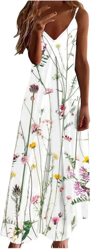 Womens Summer Dresses Boho Floral Graphic Print Maxi Dresses Loose Vintage Casual Fashion Sundresses