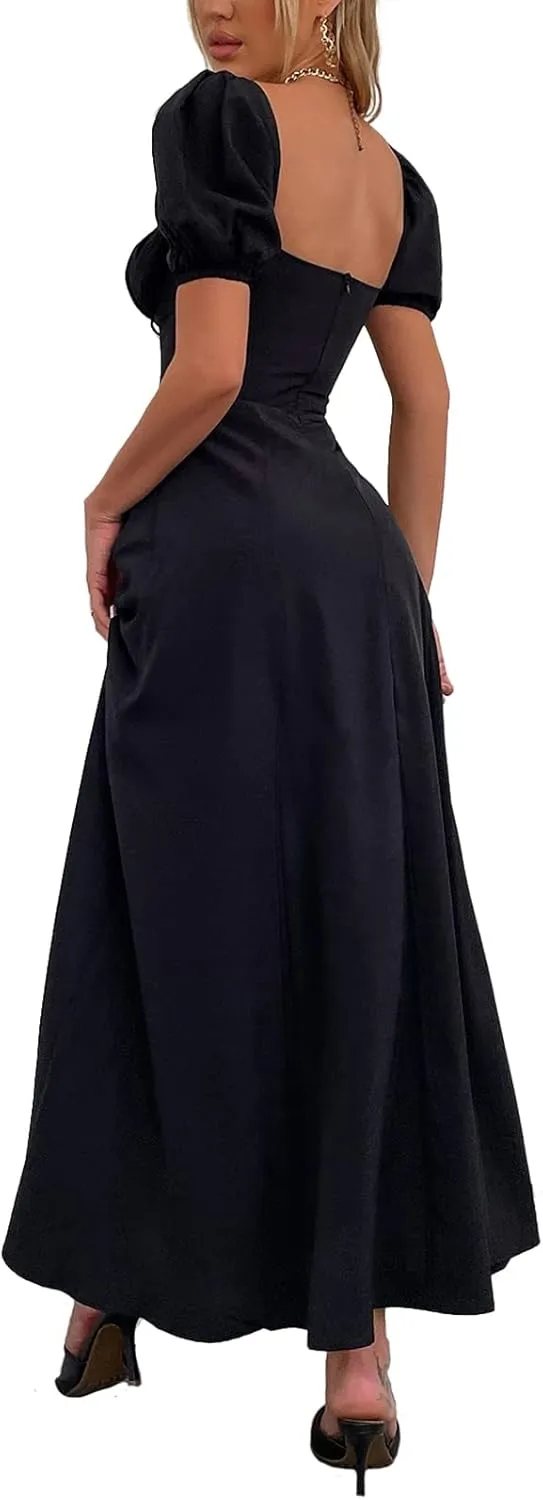 Women's Summer Puff Sleeve Floral Split Maxi Dress Flowy A Line Casual Beach Long Dresses 2025