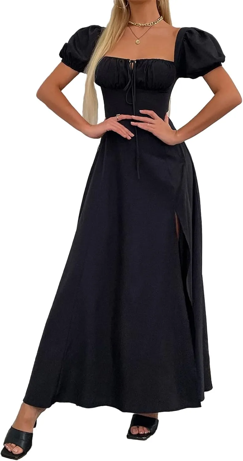 Women's Summer Puff Sleeve Floral Split Maxi Dress Flowy A Line Casual Beach Long Dresses 2025
