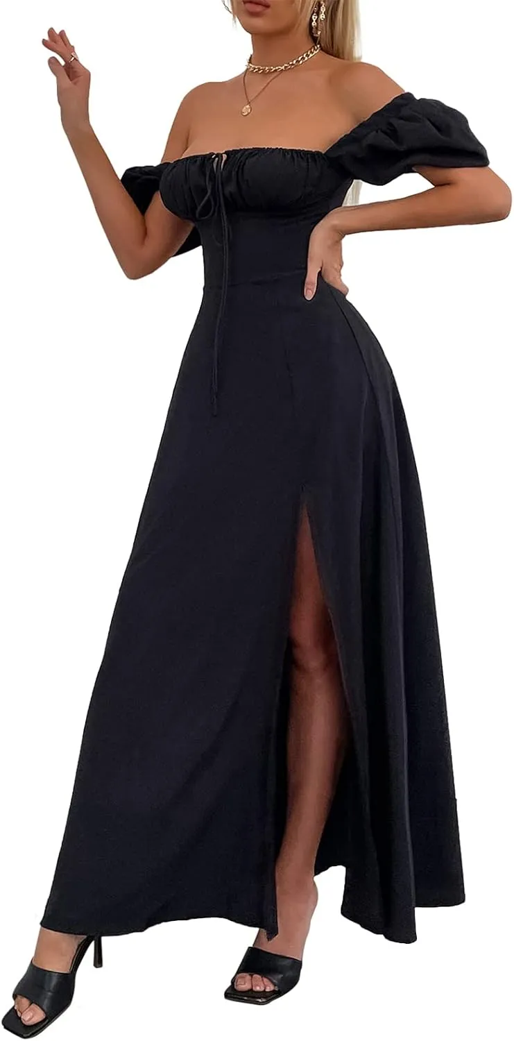Women's Summer Puff Sleeve Floral Split Maxi Dress Flowy A Line Casual Beach Long Dresses 2025