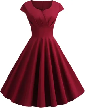 Women's Summer Short Sleeve High Waist A Line Dress 50S 60S Vintage Elegant Party Evening Dress Wine Red