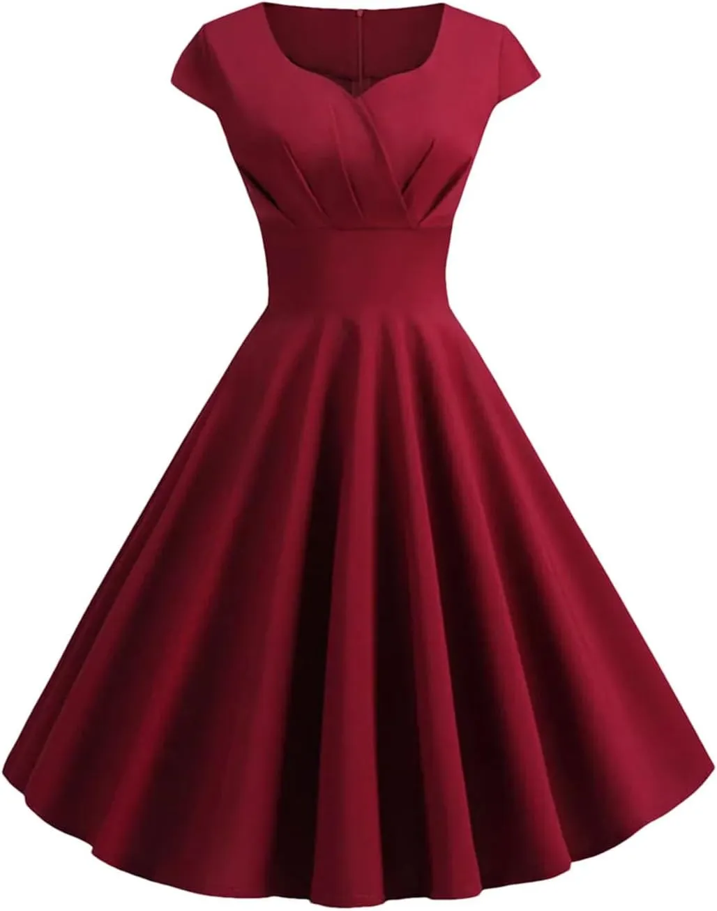 Women's Summer Short Sleeve High Waist A Line Dress 50S 60S Vintage Elegant Party Evening Dress Wine Red