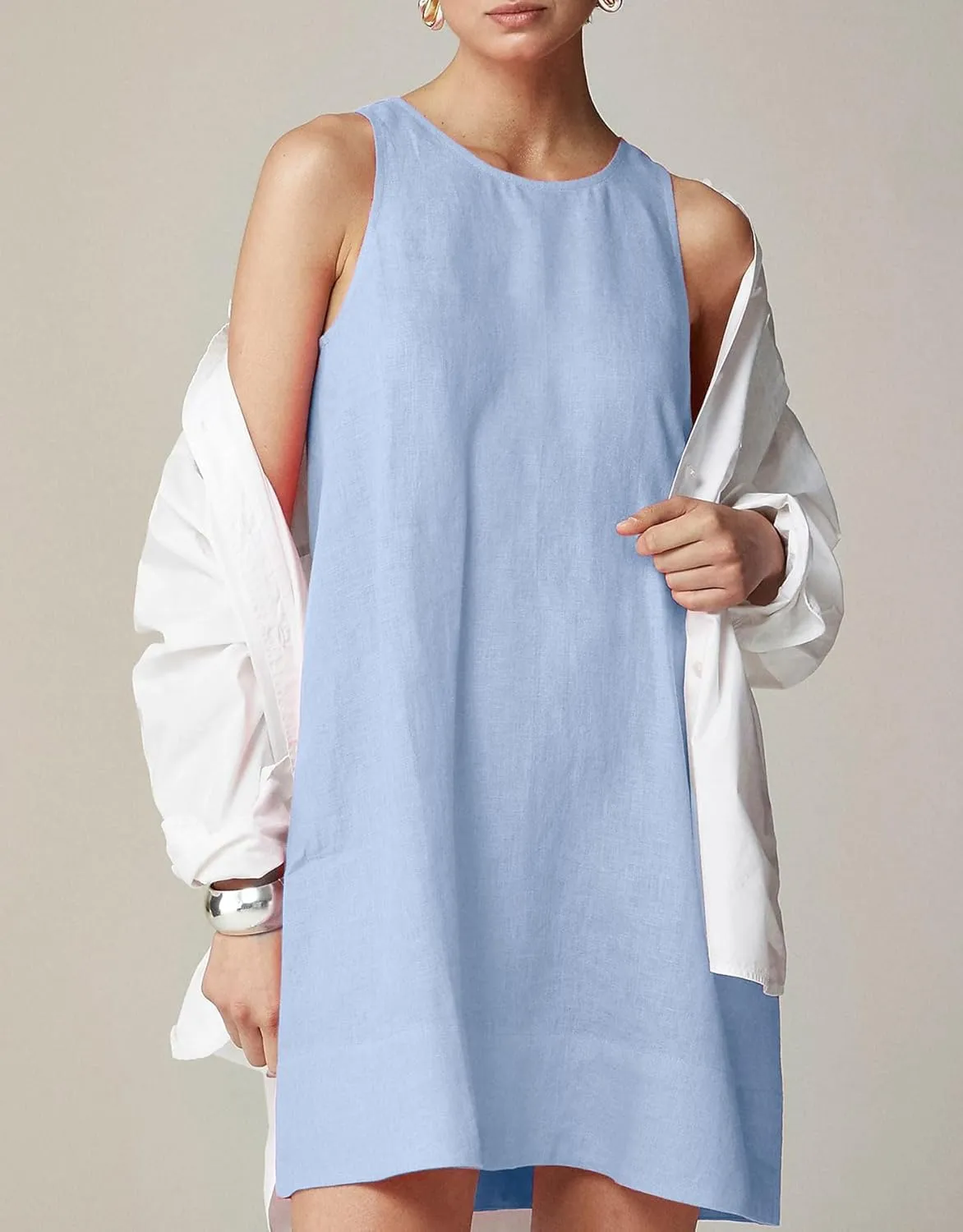 Womens Summer Tank Dress Casual Sleeveless Tunic Shift Linen Dress Smocked Sundresses