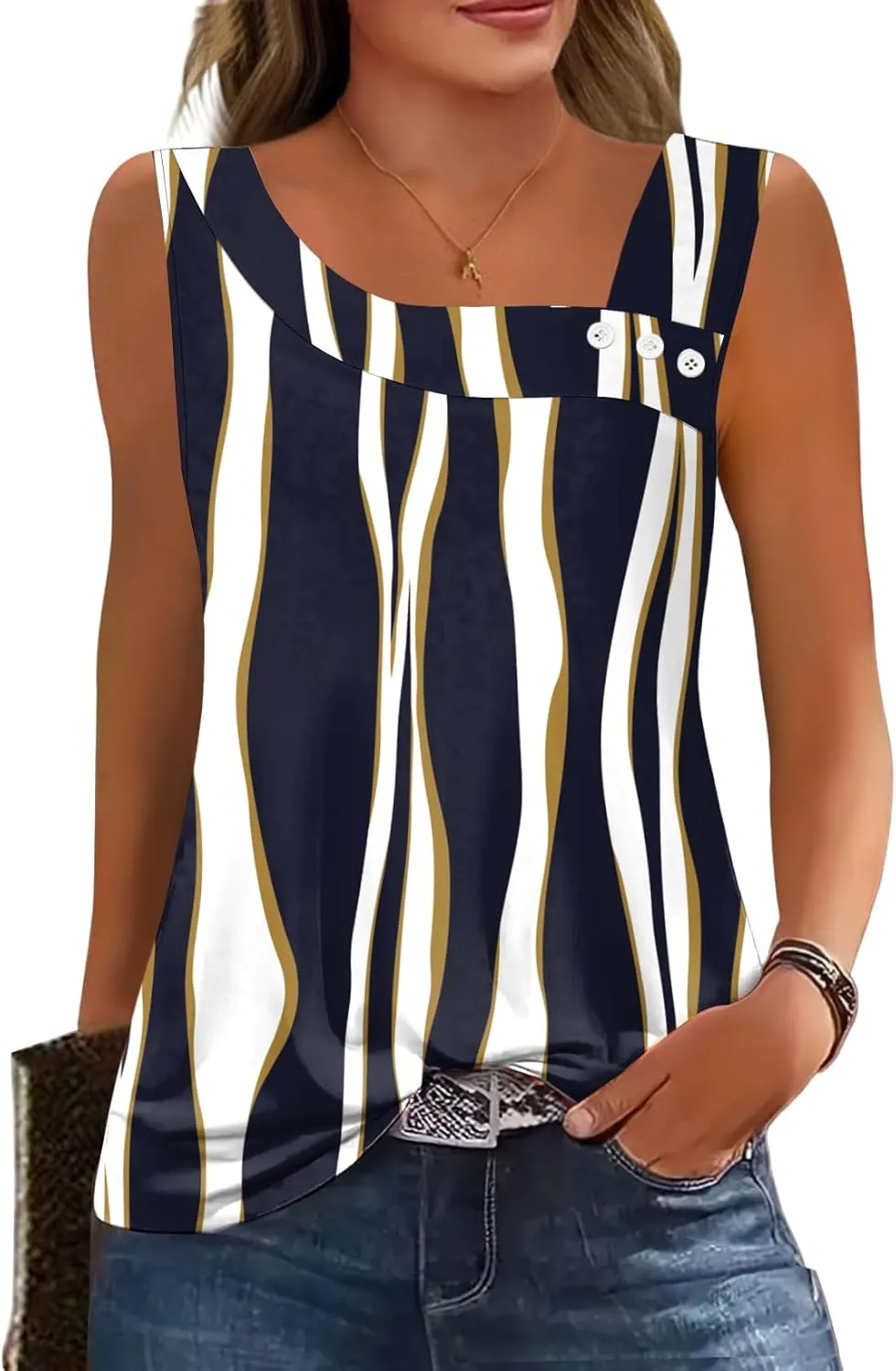 Womens Summer Tank Tops Square Neck Sleeveless Buttons Casual Dressy Tunics Basic Business Work T Shirts Blouses