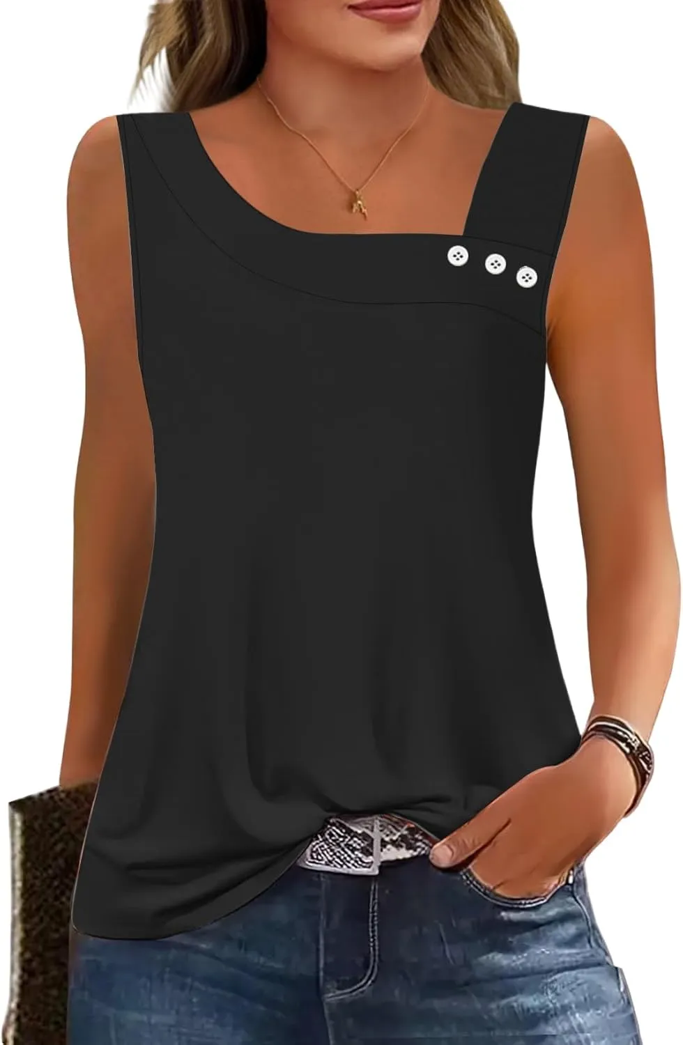 Womens Summer Tank Tops Square Neck Sleeveless Buttons Casual Dressy Tunics Basic Business Work T Shirts Blouses