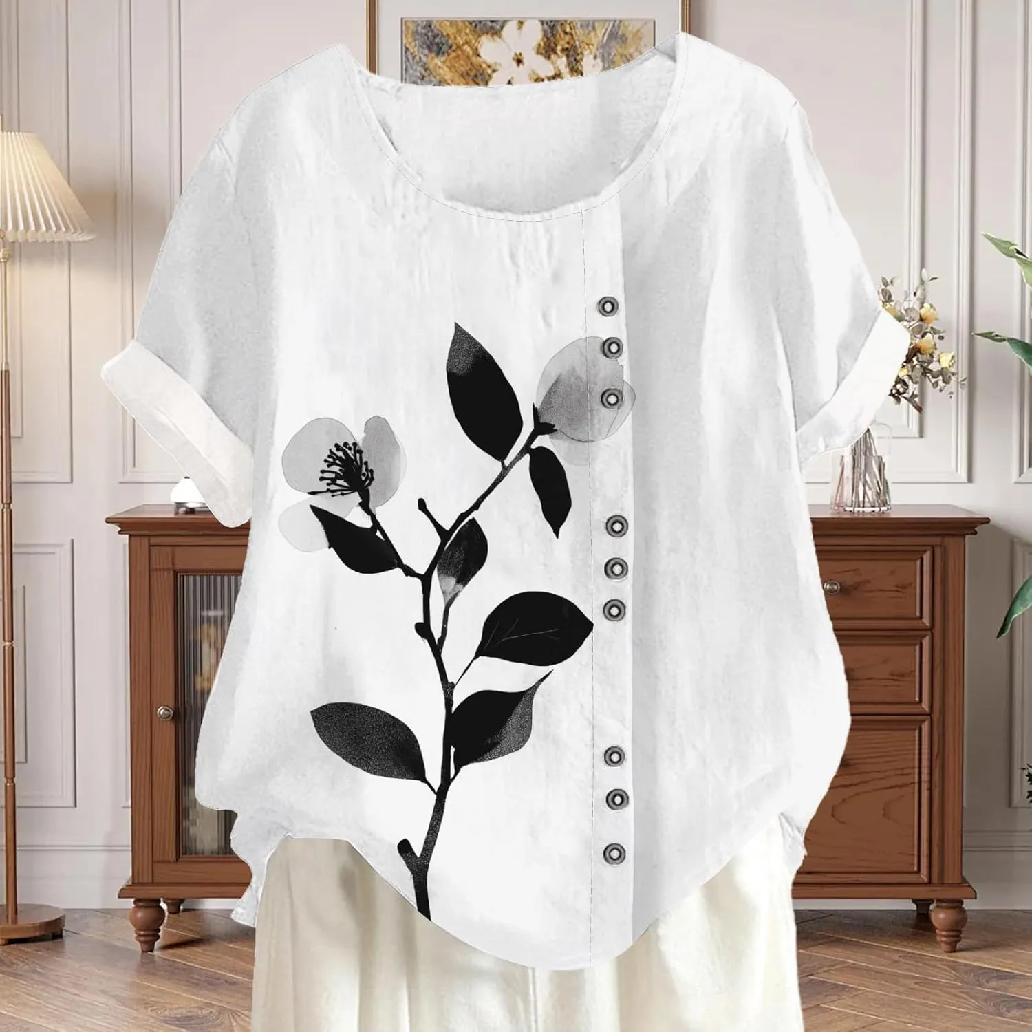 Womens Vintage Blouses Floral Tshirt Cute T Shirts Short Sleeve Linen Cotton Boho Tops Graphic Summer Tees