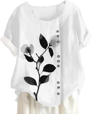 Womens Vintage Blouses Floral Tshirt Cute T Shirts Short Sleeve Linen Cotton Boho Tops Graphic Summer Tees
