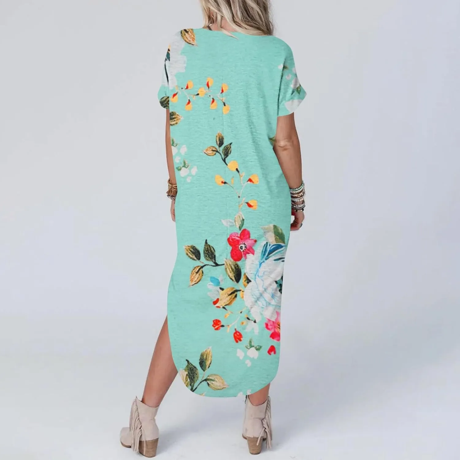 Womens Vintage Boho Sundress Casual V-Neck Short Sleeve Spring Summer Dresses Floral Printed Fashion Midi Dress