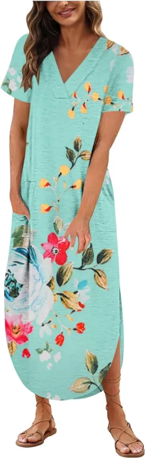 Womens Vintage Boho Sundress Casual V-Neck Short Sleeve Spring Summer Dresses Floral Printed Fashion Midi Dress