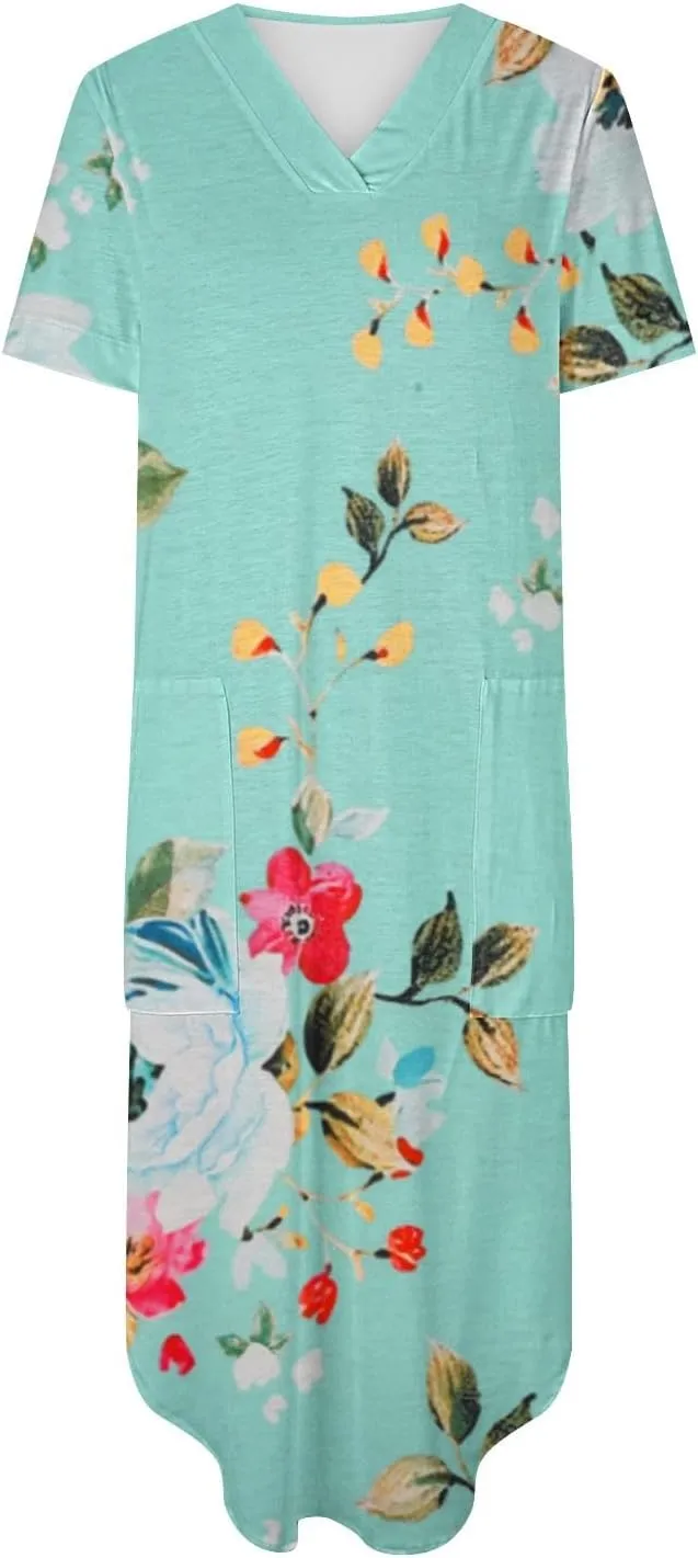 Womens Vintage Boho Sundress Casual V-Neck Short Sleeve Spring Summer Dresses Floral Printed Fashion Midi Dress