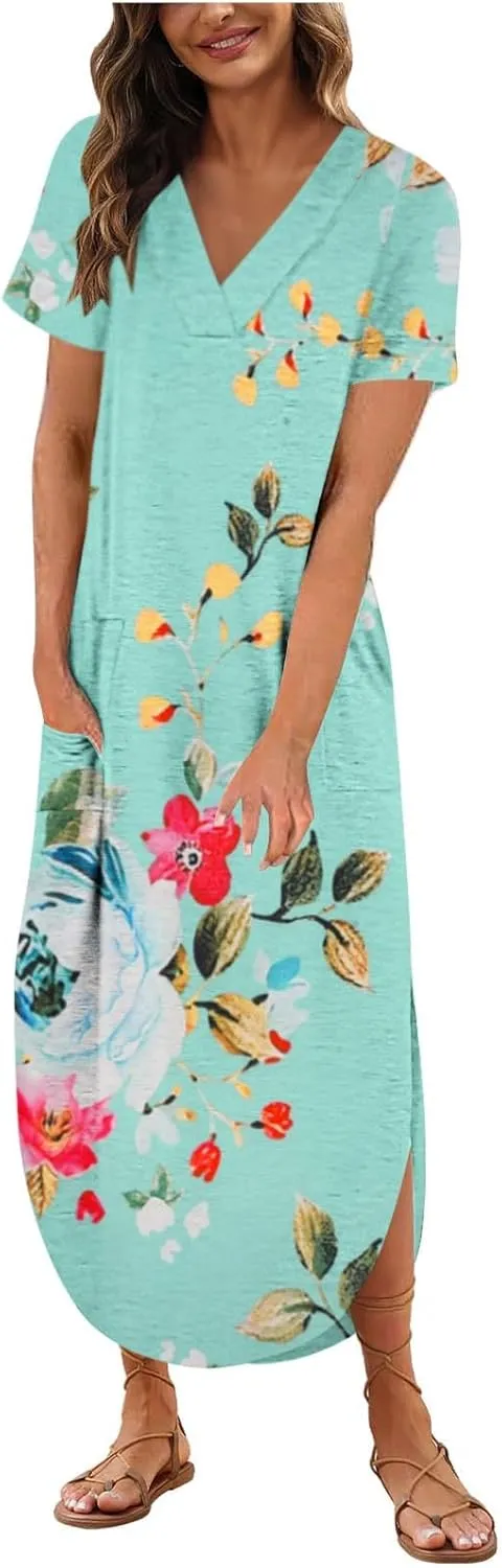 Womens Vintage Boho Sundress Casual V-Neck Short Sleeve Spring Summer Dresses Floral Printed Fashion Midi Dress