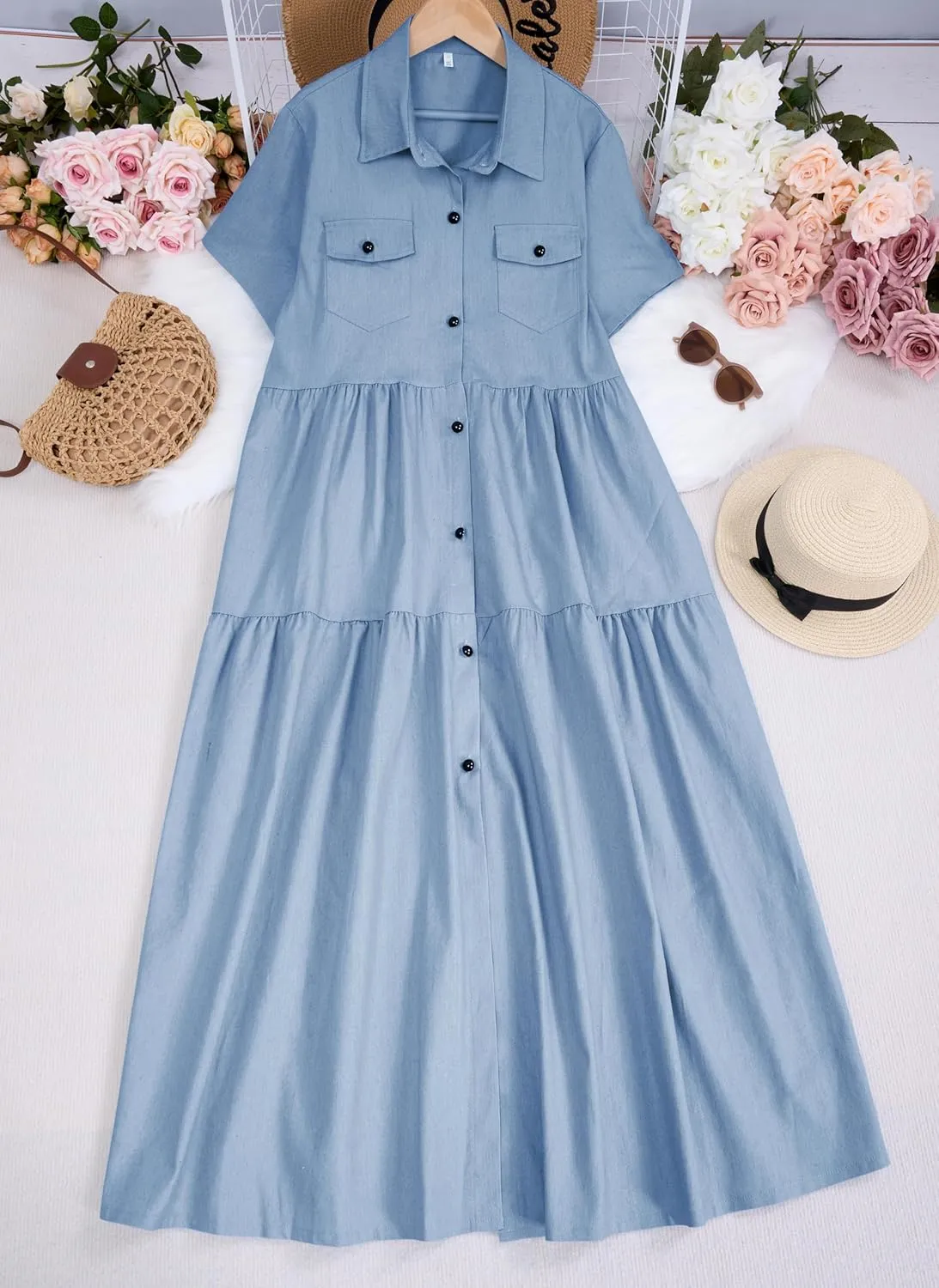 Womens Vintage Denim Button Down Short Sleeve Lapel Maxi Dress 2024 Spring Summer Loose Tiered Flowy Long Shirt Dress
