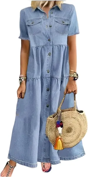 Womens Vintage Denim Button Down Short Sleeve Lapel Maxi Dress 2024 Spring Summer Loose Tiered Flowy Long Shirt Dress