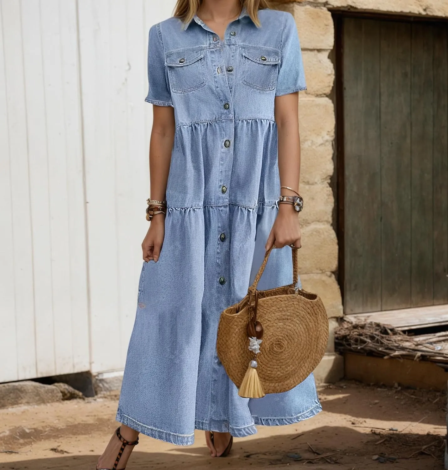 Womens Vintage Denim Button Down Short Sleeve Lapel Maxi Dress 2024 Spring Summer Loose Tiered Flowy Long Shirt Dress